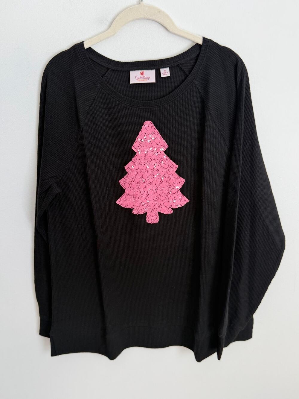 Quacker Factory Waffle Knit Pink Sequin Long Sleeve size medium